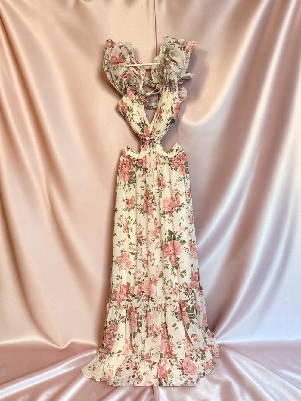 B Darlin Cream Maxi Dress with Pink Floral Print and Cutout